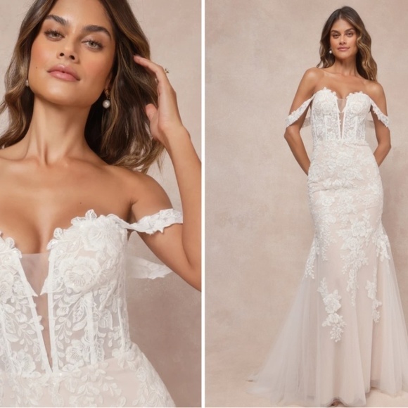 LULU's Bridal Wedding Sexy Floral Embroidered Off the Shoulder Corset Mermaid - Picture 1 of 4